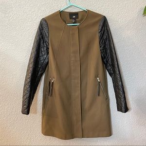 H & M Army Green Faux Leather Quilted Arms Coat